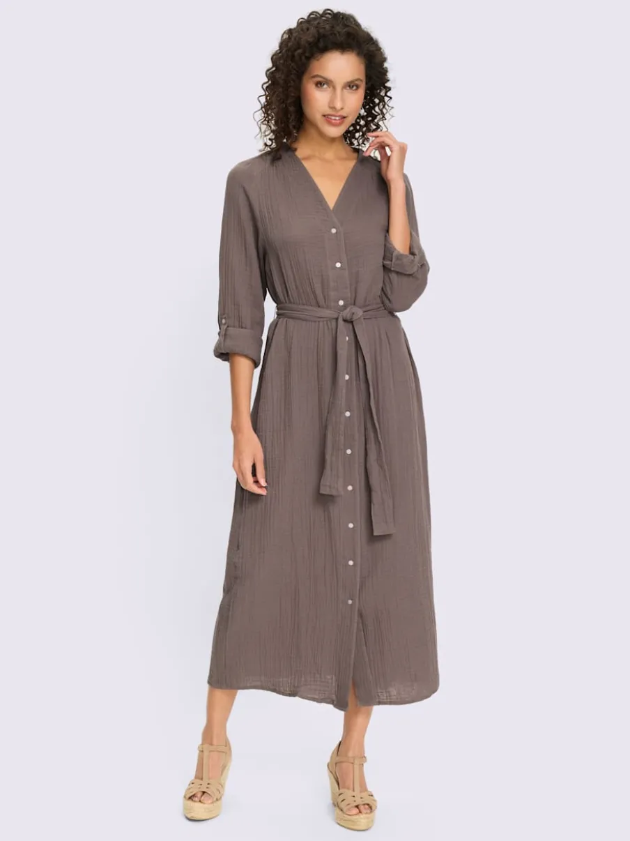 Robe en coton avec encolure en V et manches retroussables