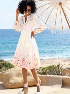 Robe en coton à motifs floraux manches longues et ceinture