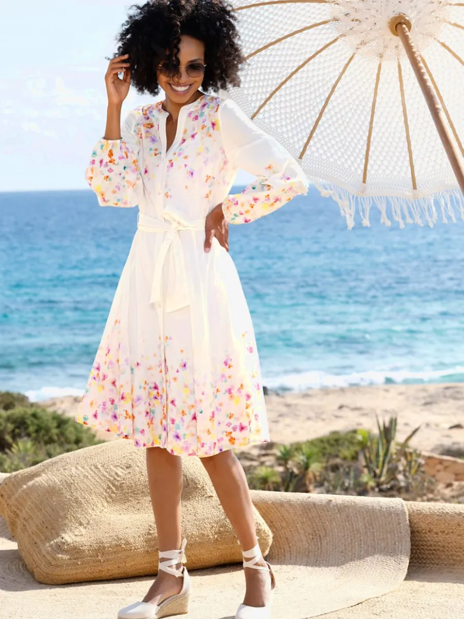 Robe en coton à motifs floraux manches longues et ceinture