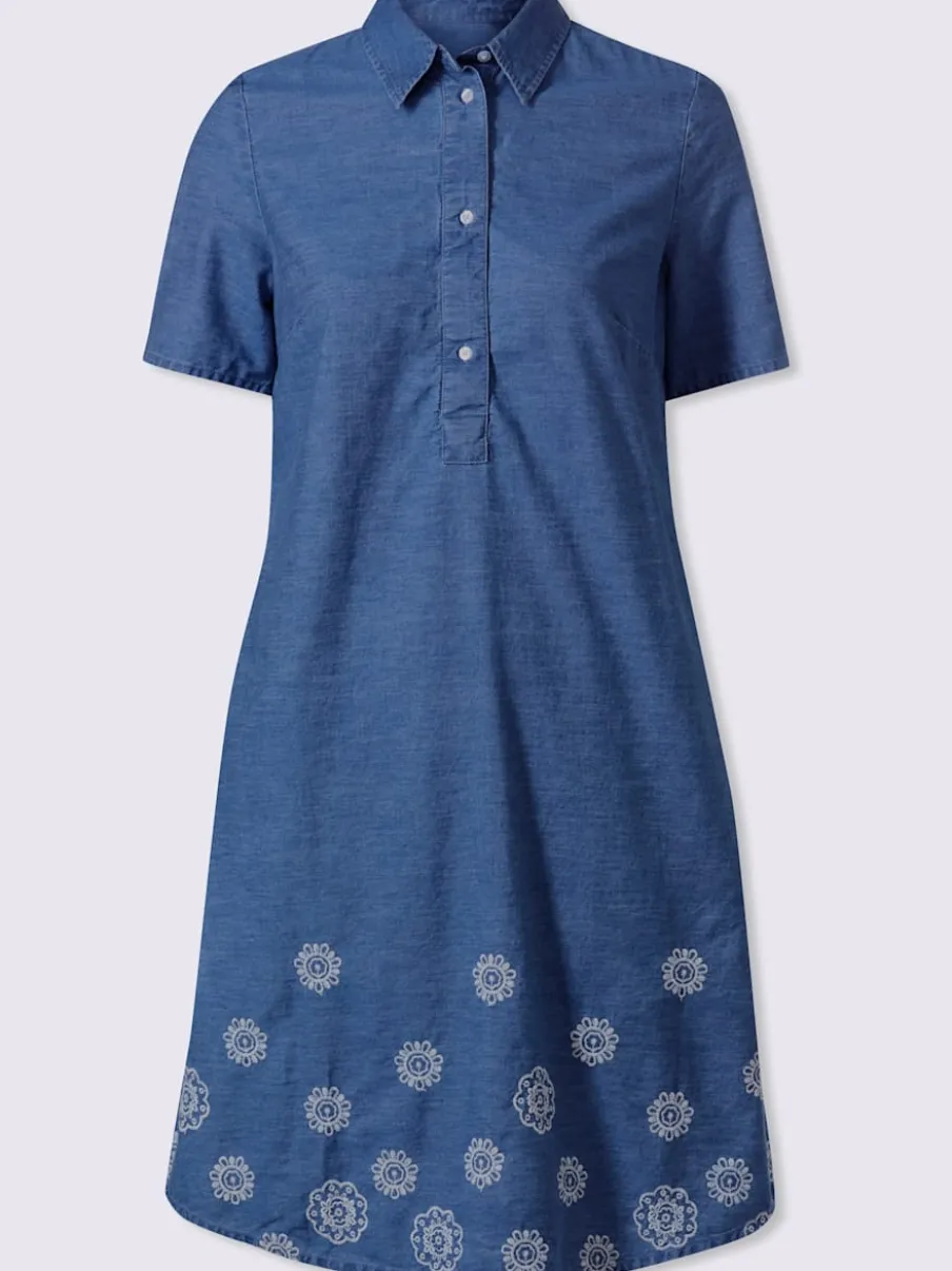 Robe en jean avec col chemise et broderie florale