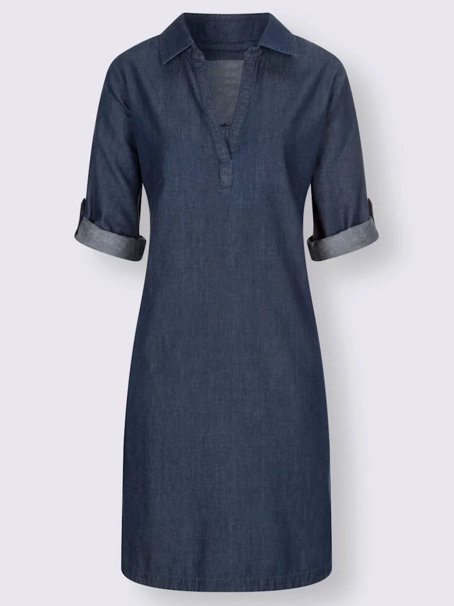Robe en jean avec col chemise manches retroussables