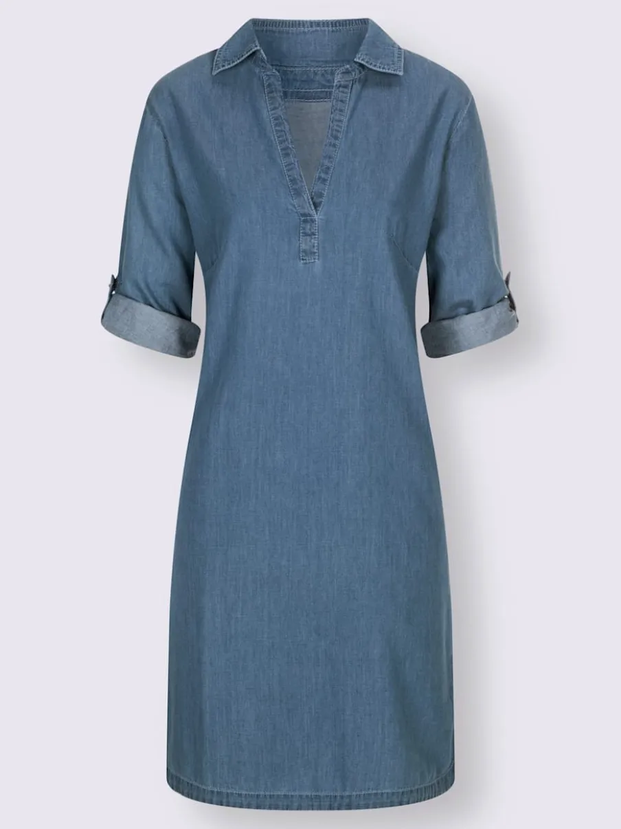 Robe en jean avec col chemise manches retroussables