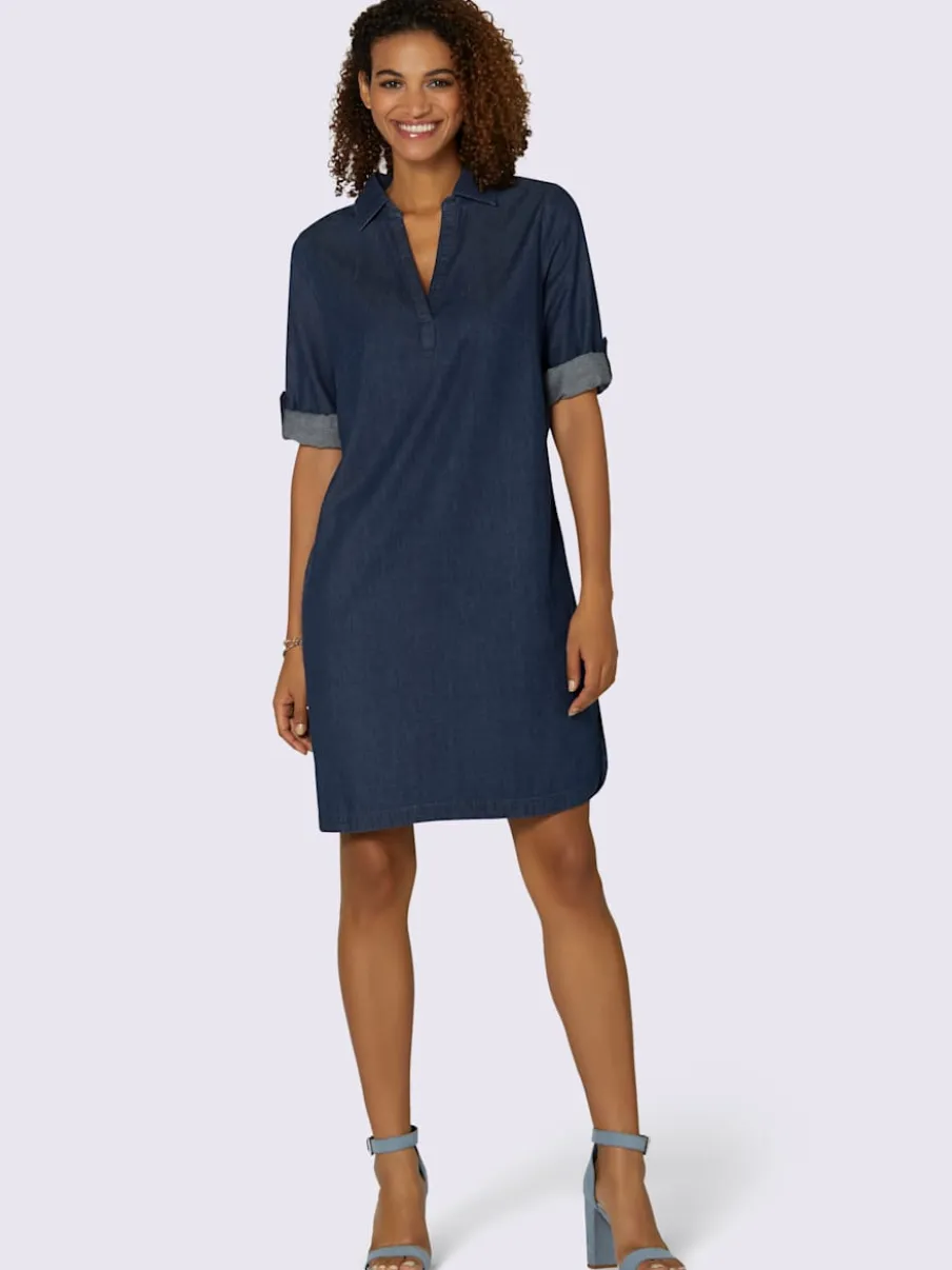 Robe en jean avec col chemise manches retroussables