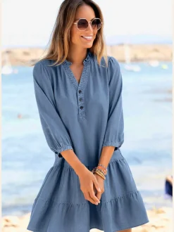 Robe en jean avec col en V et manches 3/4 volants