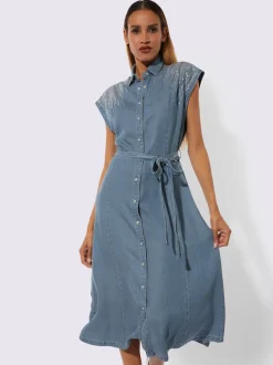 Robe en jean lyocell à col chemise mancherons