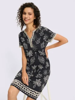 Robe en jersey avec col V et manches courtes à imprimé palmier