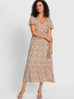 Robe en jersey avec fleurs et col en V à manches chauve-souris
