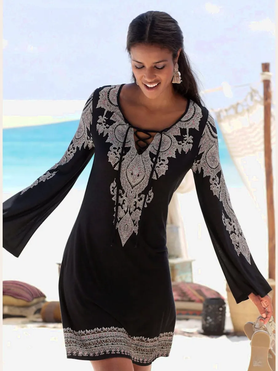 Robe en jersey caftan à manches évasées et laçage