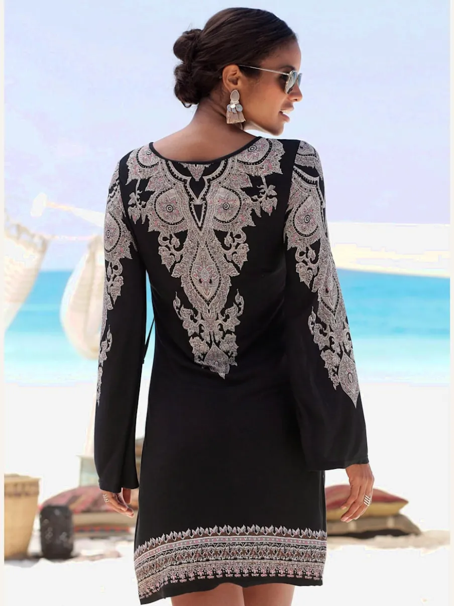 Robe en jersey caftan à manches évasées et laçage