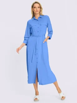 Robe en jersey à col chemise et manches trois quarts