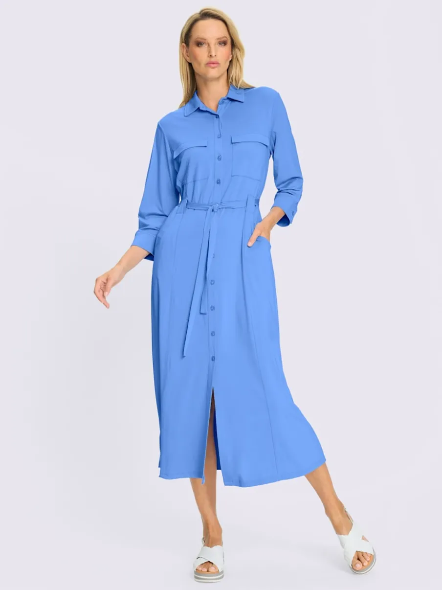 Robe en jersey à col chemise et manches trois quarts