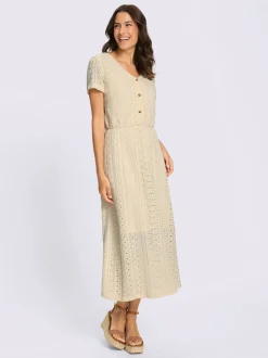 Robe en jersey à col V et manches courtes avec motifs ajourés