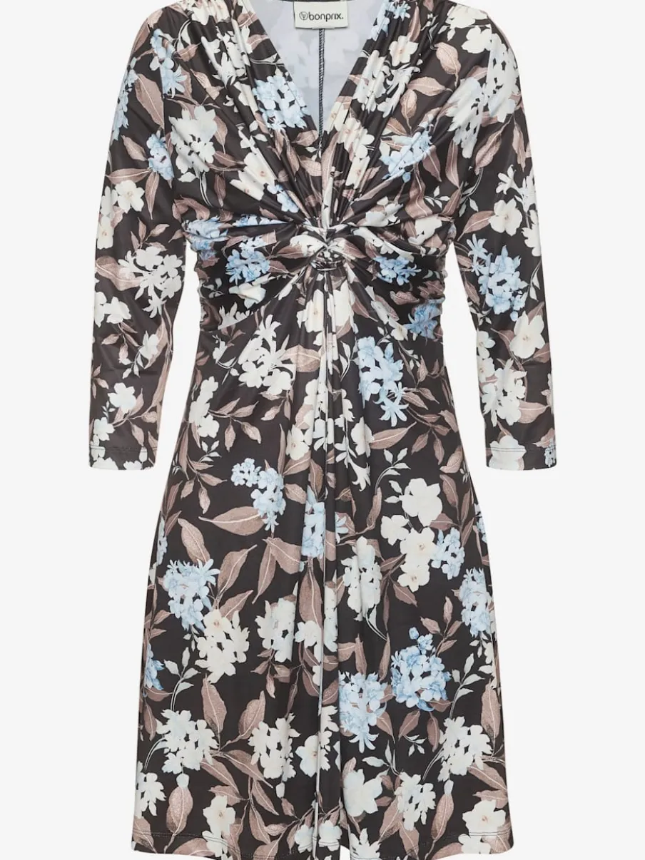 Robe en jersey à encolure en V et manches 3/4 avec nœud devant et motif floral