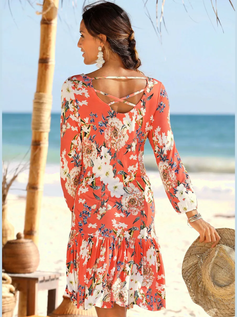Robe en jersey à manches 3/4 élastiquées avec volant et encolure à rubans