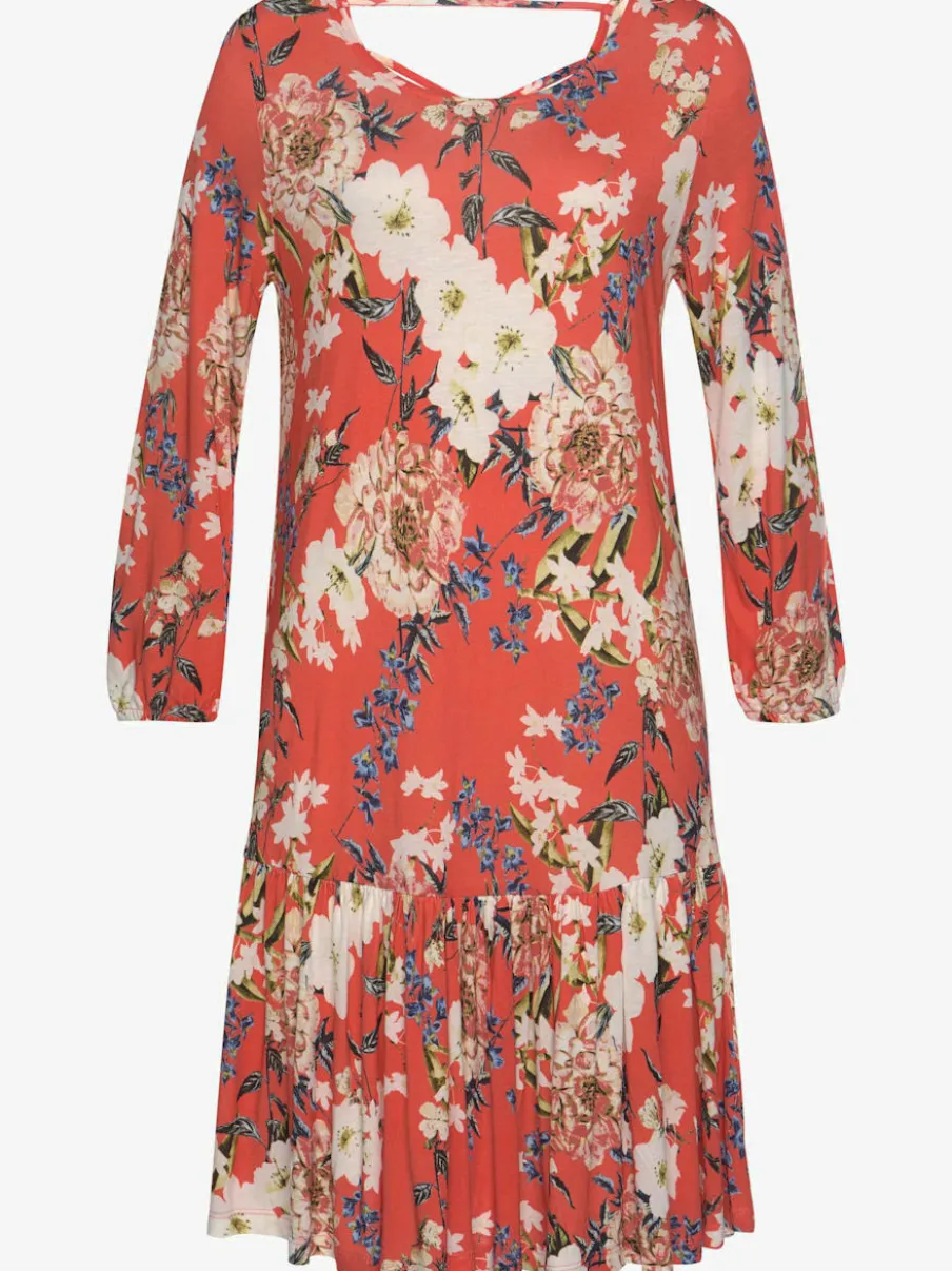 Robe en jersey à manches 3/4 élastiquées avec volant et encolure à rubans