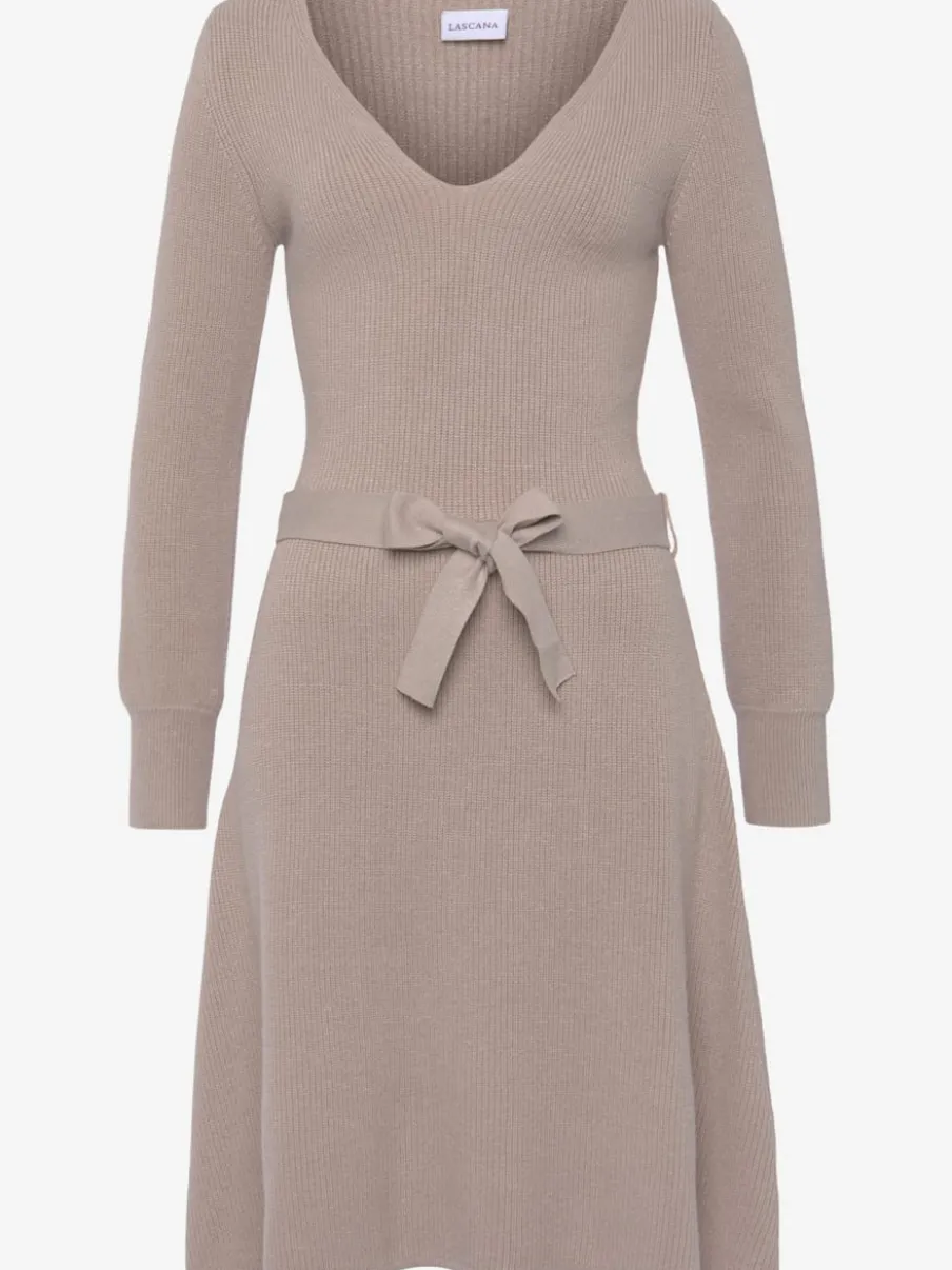 Robe en tricot avec encolure en V et ceinture à nouer