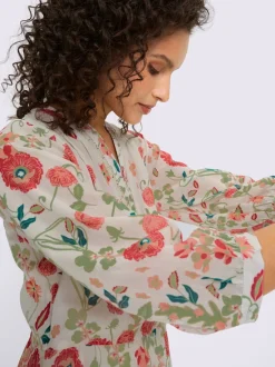 Robe imprimée avec encolure ronde et manches 3/4 fleuries