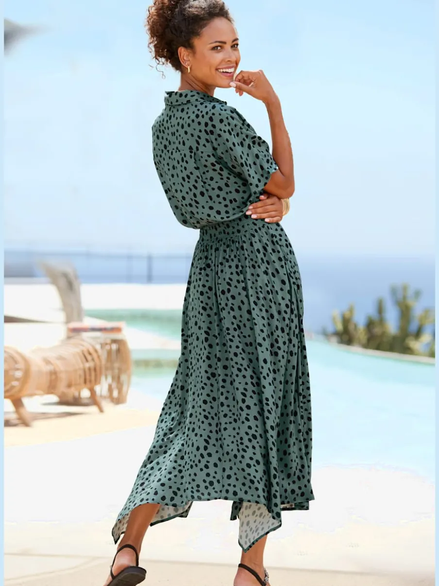 Robe imprimée col chemisier mancherons et empiècement smocké