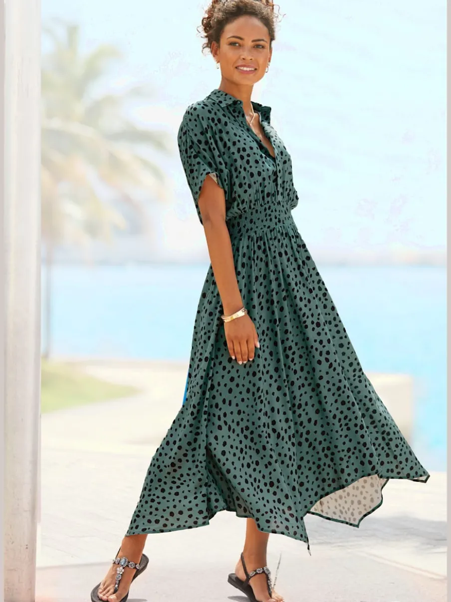 Robe imprimée col chemisier mancherons et empiècement smocké