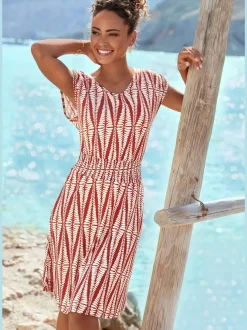 Robe jersey encolure dégagée avec fronces et imprimé