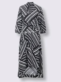 Robe longue avec col montant et manches trois-quarts à motif graphique