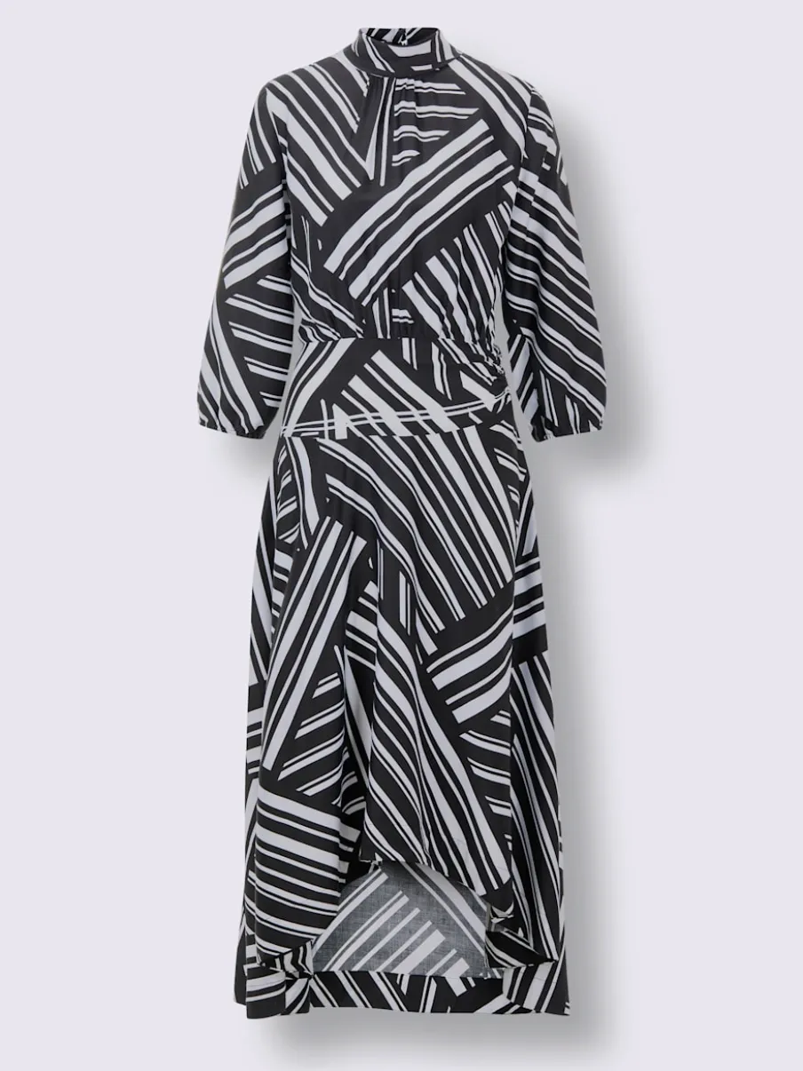 Robe longue avec col montant et manches trois-quarts à motif graphique