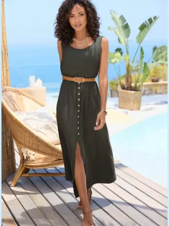 Robe longue avec empiècement élastique et patte de boutons