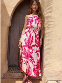 Robe longue avec encolure américaine et imprimé floral