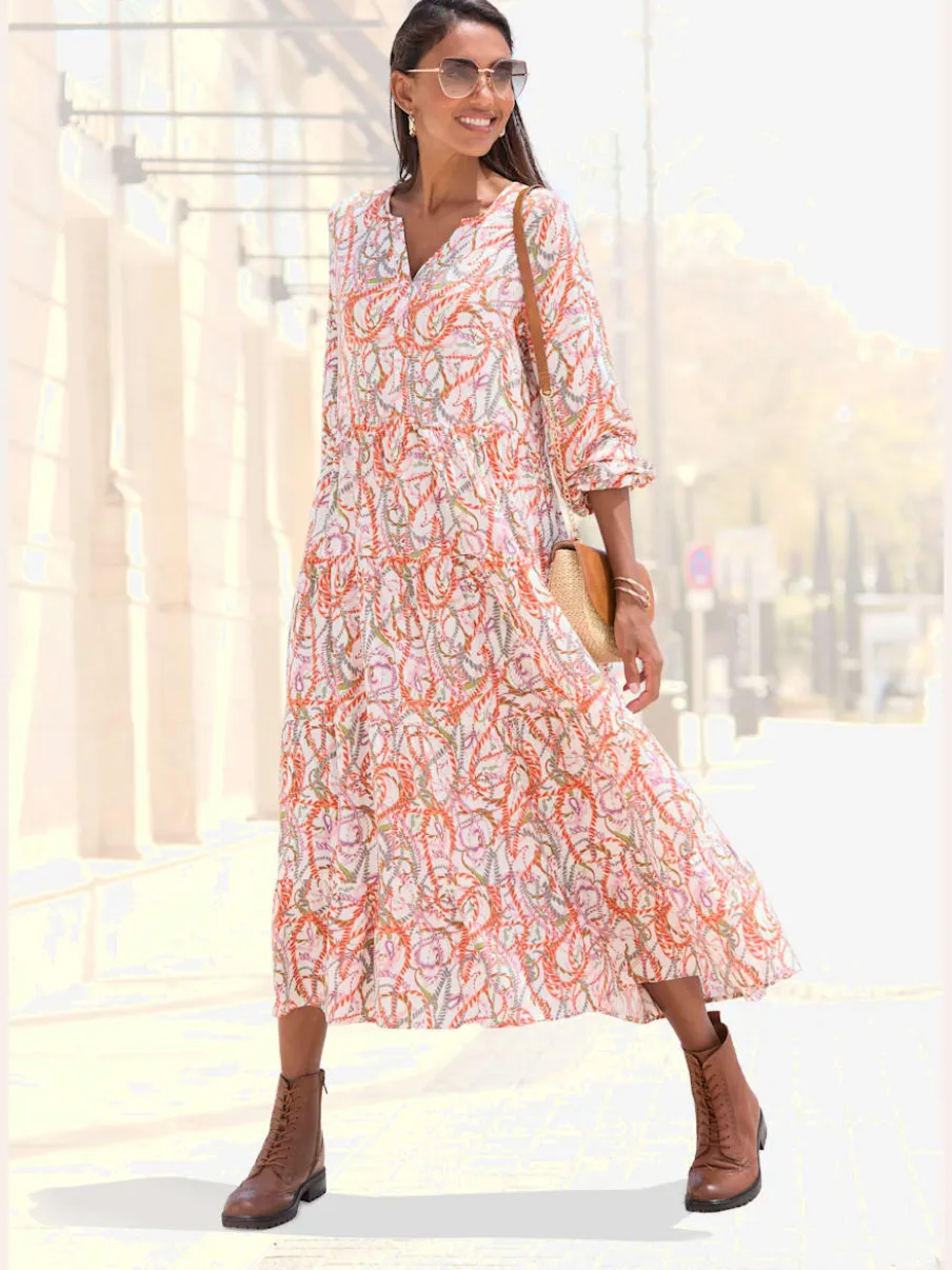 Robe longue avec encolure en v et manches élastiquées