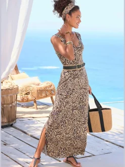 Robe longue avec encolure en v et fente latérale