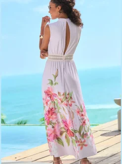 Robe longue avec encolure haute et motif floral