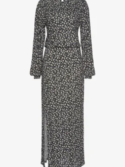 Robe longue avec encolure ronde et manches longues fleuries