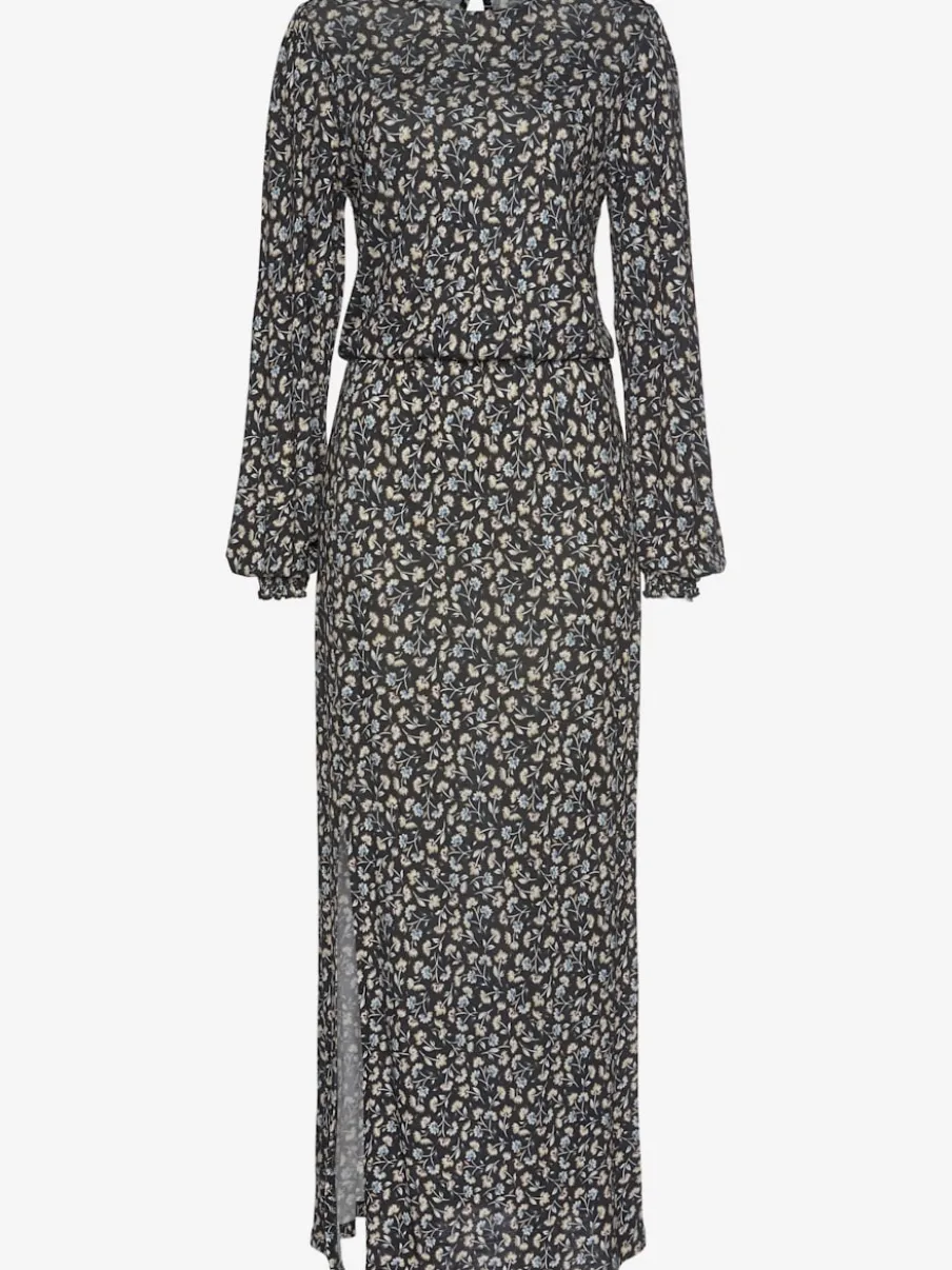 Robe longue avec encolure ronde et manches longues fleuries