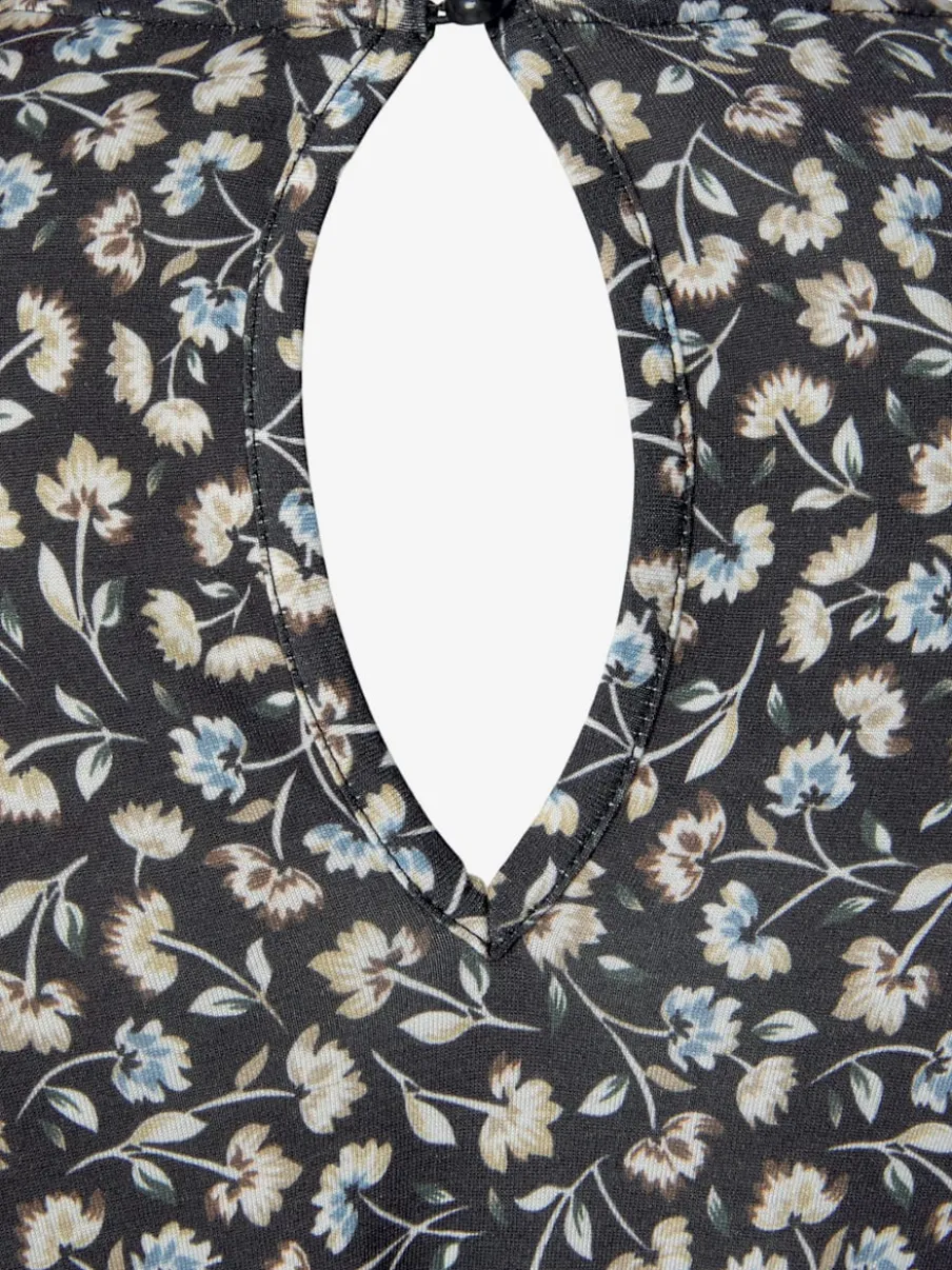 Robe longue avec encolure ronde et manches longues fleuries