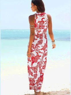 Robe longue à bretelles avec motif imprimé et taille smockée
