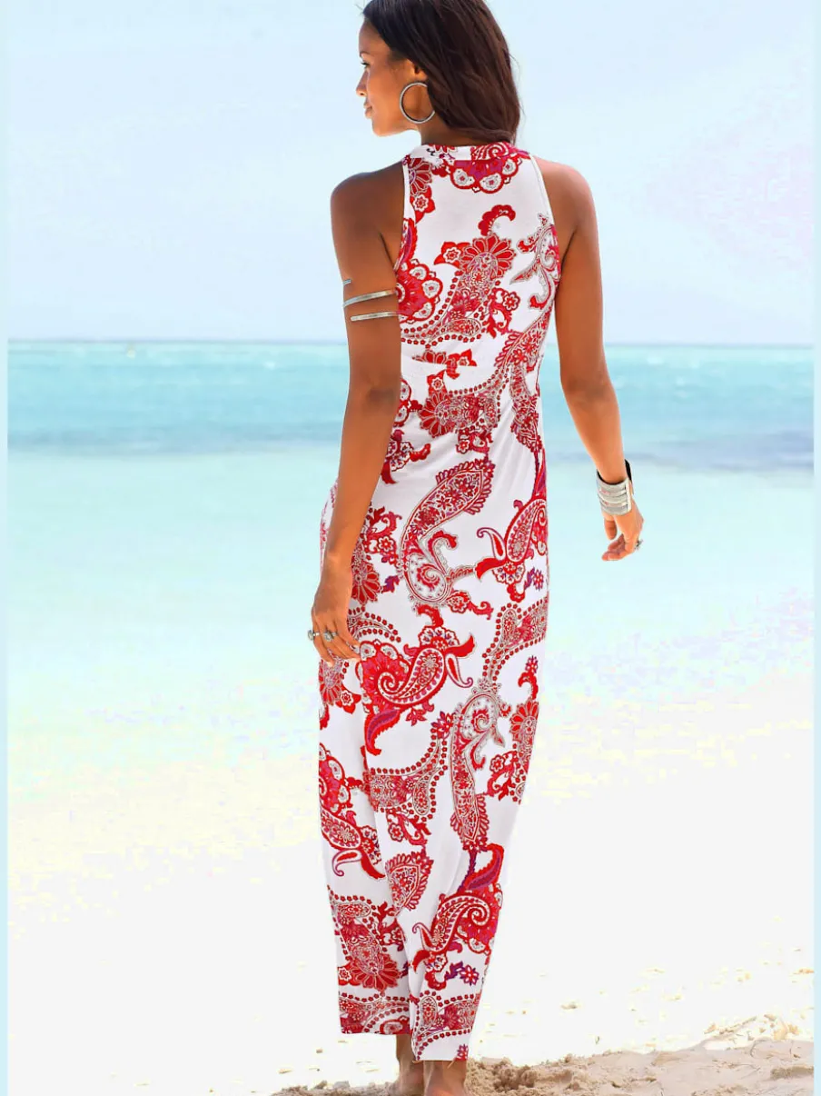 Robe longue à bretelles avec motif imprimé et taille smockée