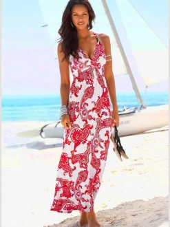 Robe longue à bretelles avec motif imprimé et taille smockée