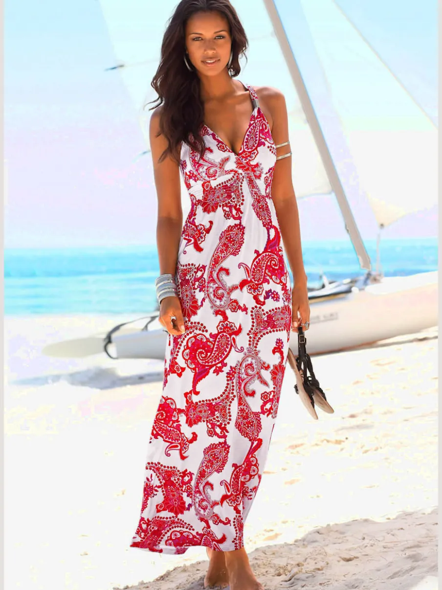 Robe longue à bretelles avec motif imprimé et taille smockée