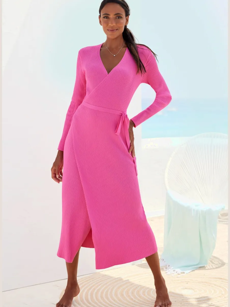 Robe longue cache-cœur en tricot avec ceinture ajustable