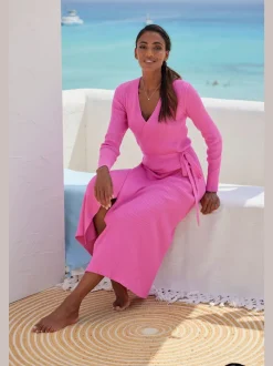 Robe longue cache-cœur en tricot avec ceinture ajustable