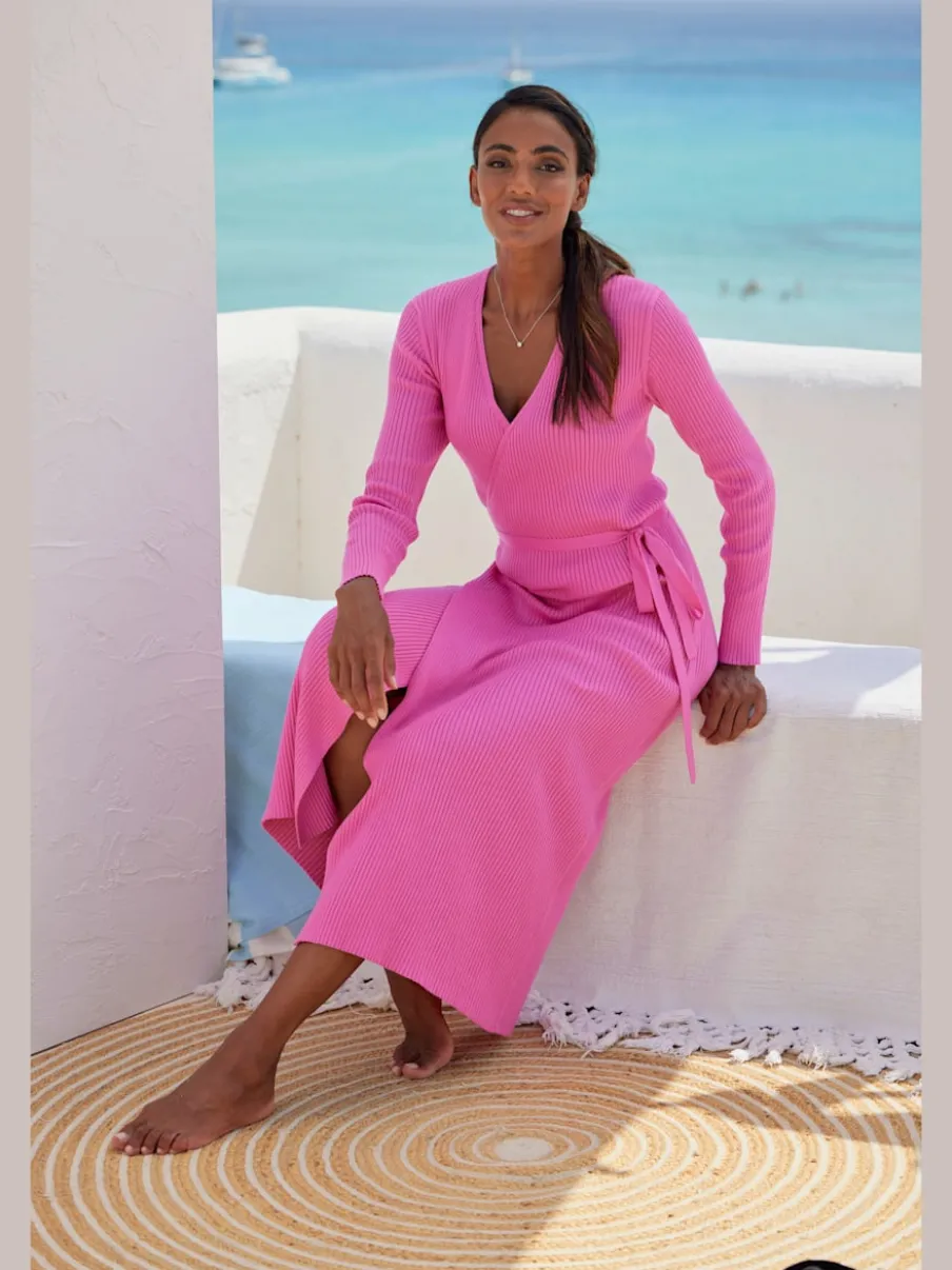 Robe longue cache-cœur en tricot avec ceinture ajustable