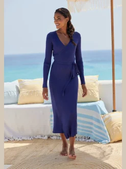 Robe longue cache-cœur en tricot avec ceinture ajustable