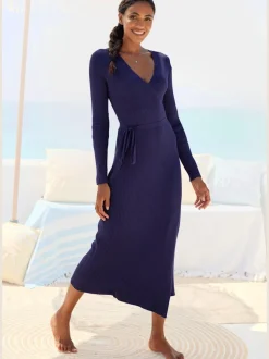 Robe longue cache-cœur en tricot avec ceinture ajustable