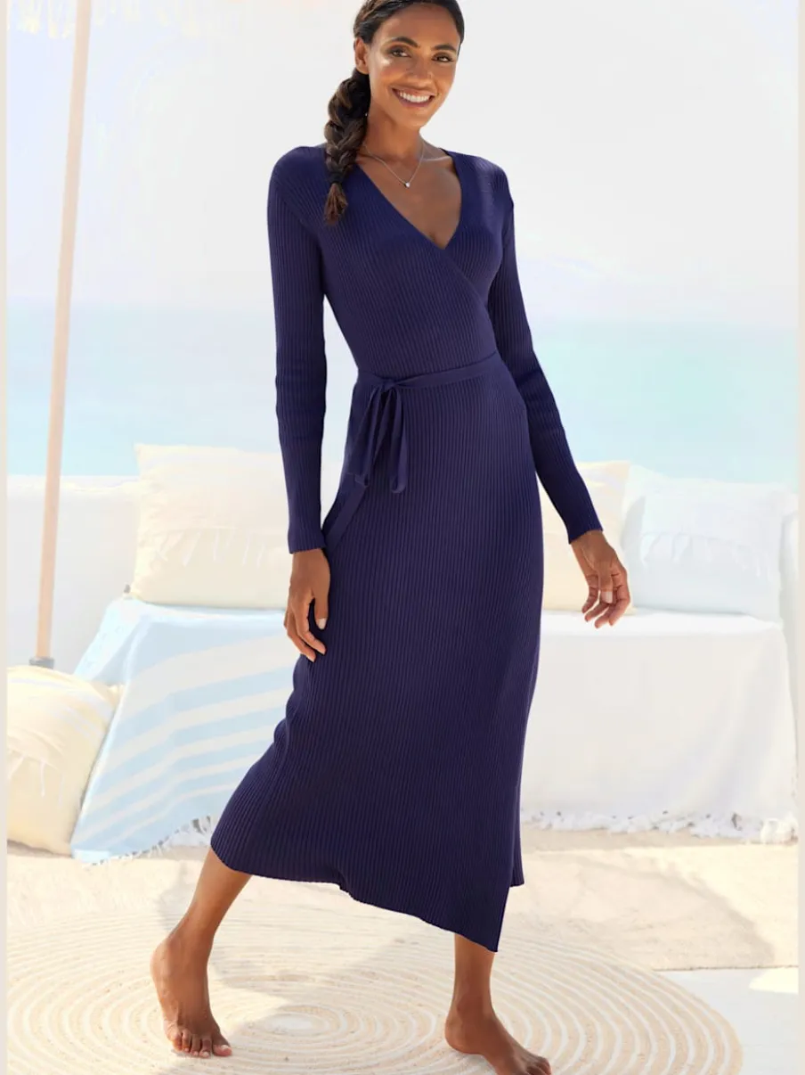 Robe longue cache-cœur en tricot avec ceinture ajustable