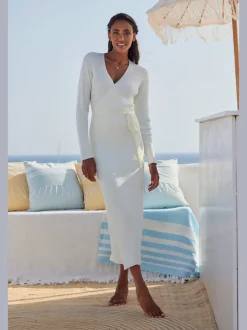 Robe longue cache-cœur en tricot avec ceinture ajustable