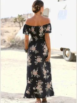 Robe longue à col Carmen avec volant en fleurs