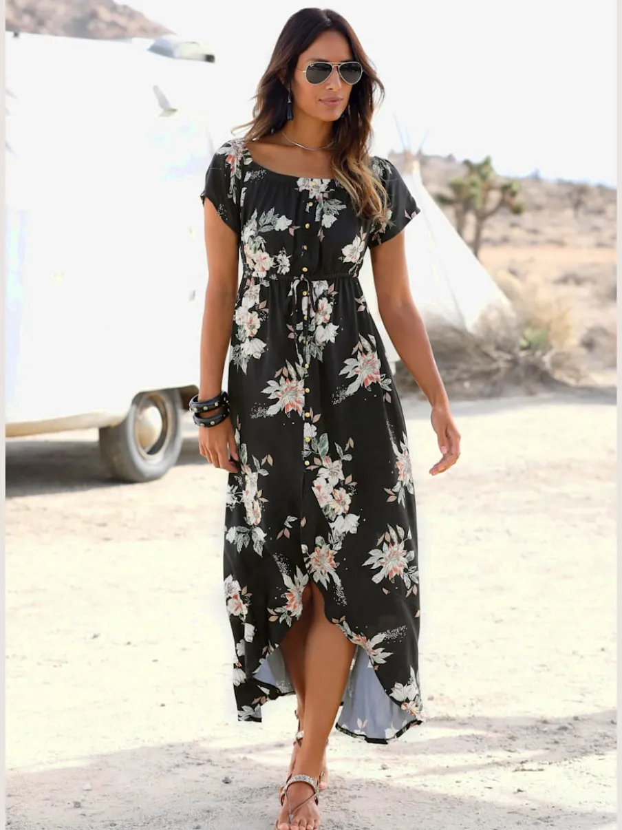 Robe longue à col Carmen avec volant en fleurs