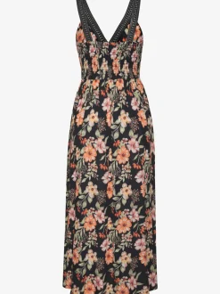 Robe longue d'été imprimée avec détails dentelle et smocké