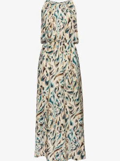 Robe longue à encolure américaine avec fente et imprimé élégant