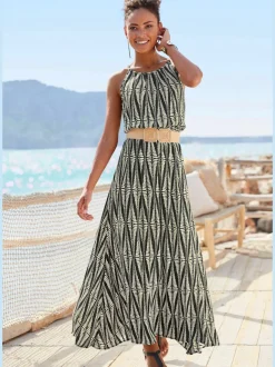 Robe longue à encolure américaine avec imprimé géométrique et taille élastiquée